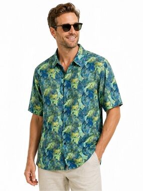 Happy Bay 100% Tencel Hawaiian Camp Shirt Blue Green Resort Men’s L